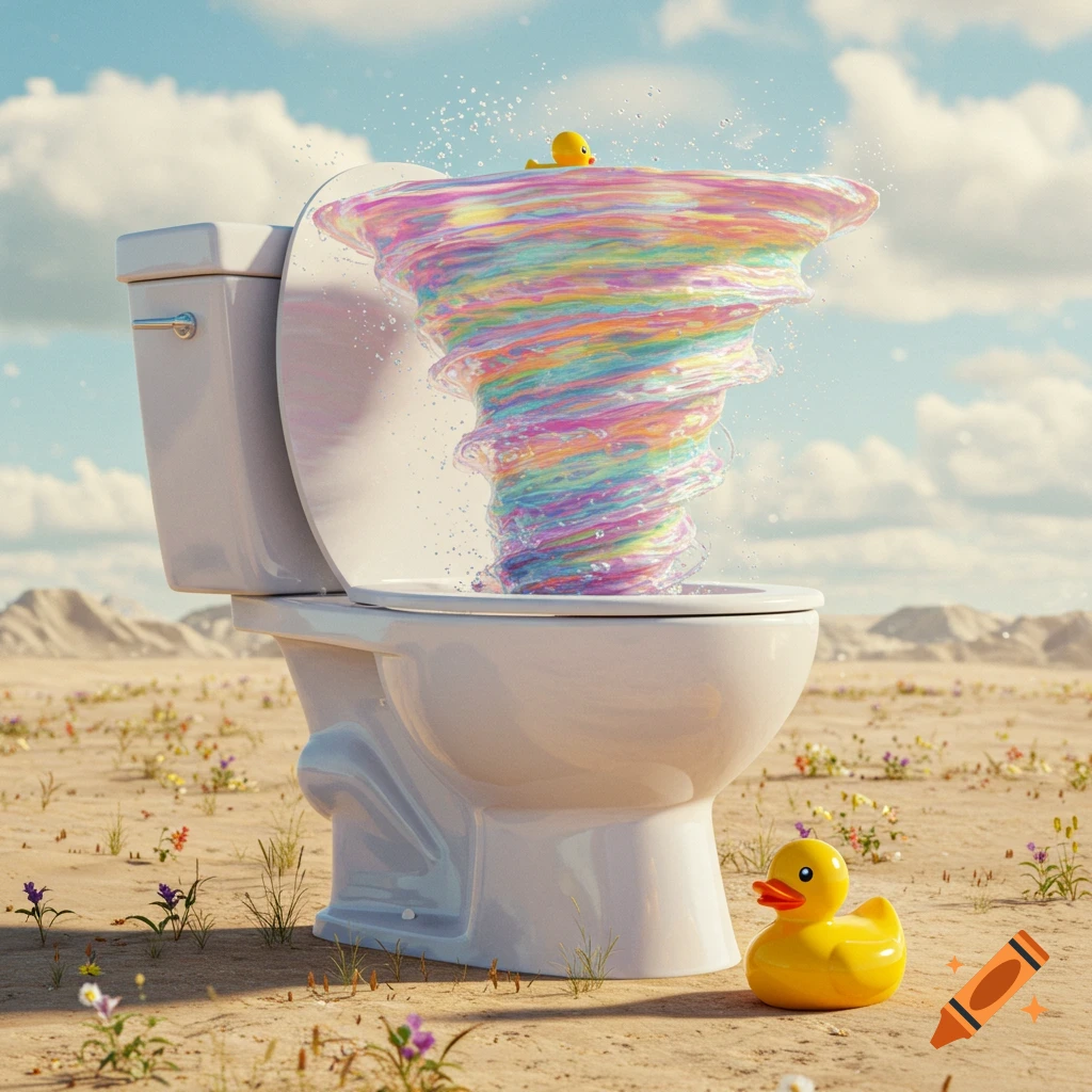 A white toilet in a desert landscape flushes a vibrant rainbow-colored vortex, with two yellow rubber ducks nearby.