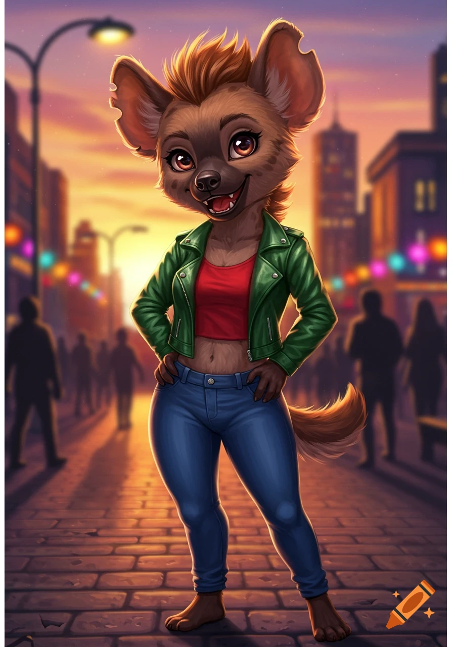 A cute smiling anthropomorphic hyena girl in a red crop top, green leather jacket, and blue jeans on a city street at sunset.