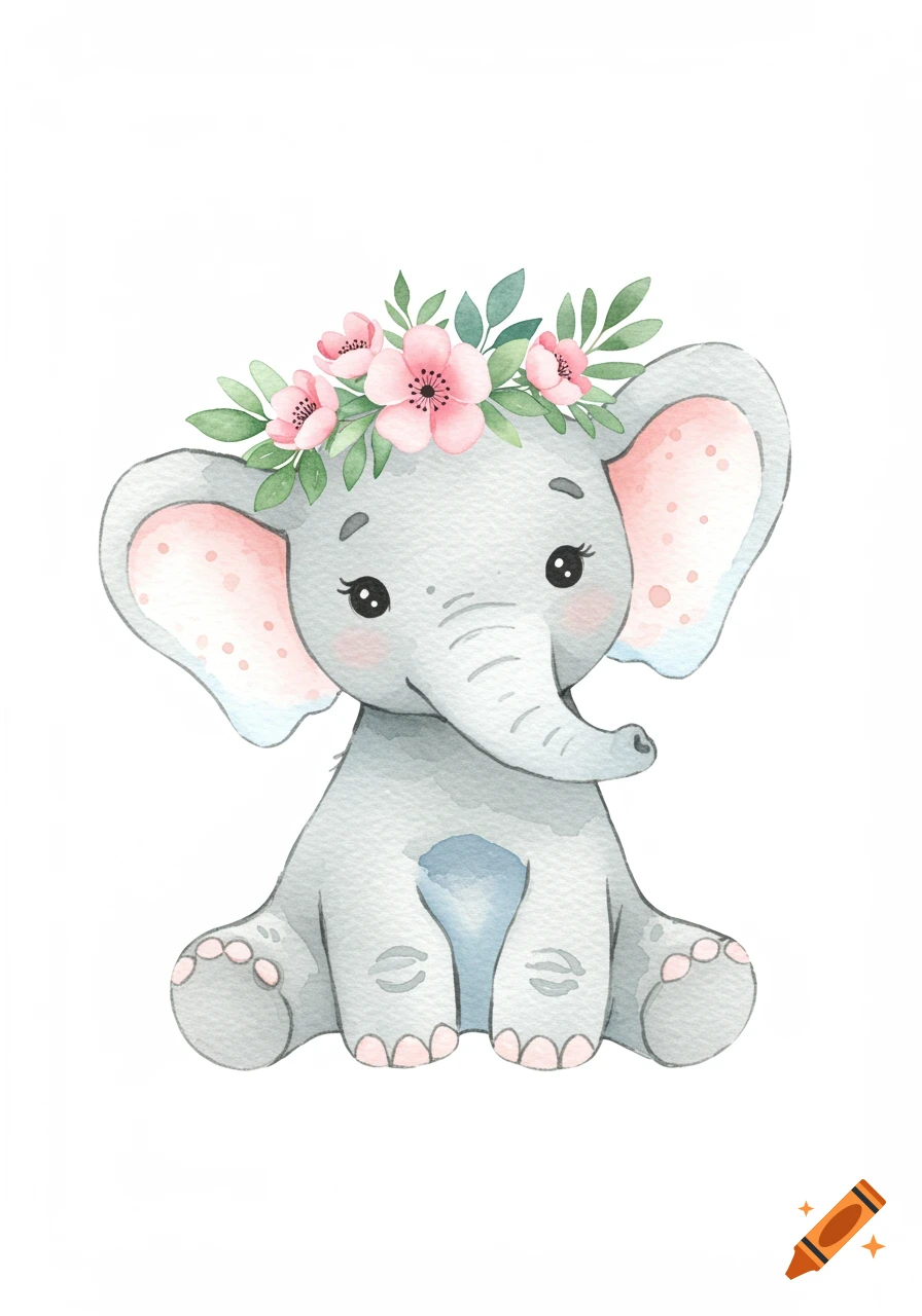 Cute baby elephant watercolor illustration sitting with a pink floral crown on a white background.