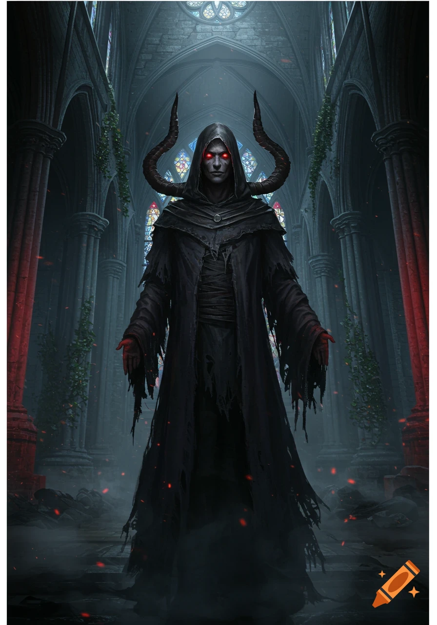 A dark, horned figure with glowing red eyes stands in a gothic cathedral, cloaked in a tattered black robe.