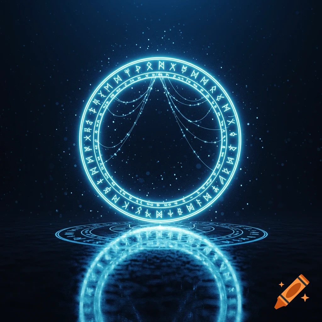 A glowing light blue magic circle with runes and symbols, reflecting on a dark, sparkling surface in a mystical digital art style.