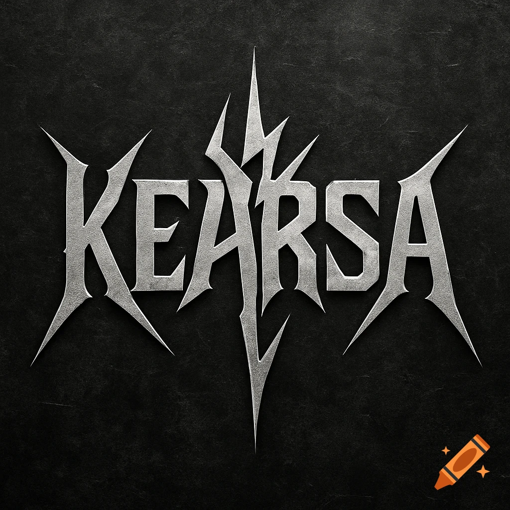Silver, jagged, modern metal band logo for 'KEARSA' on a dark, textured background.