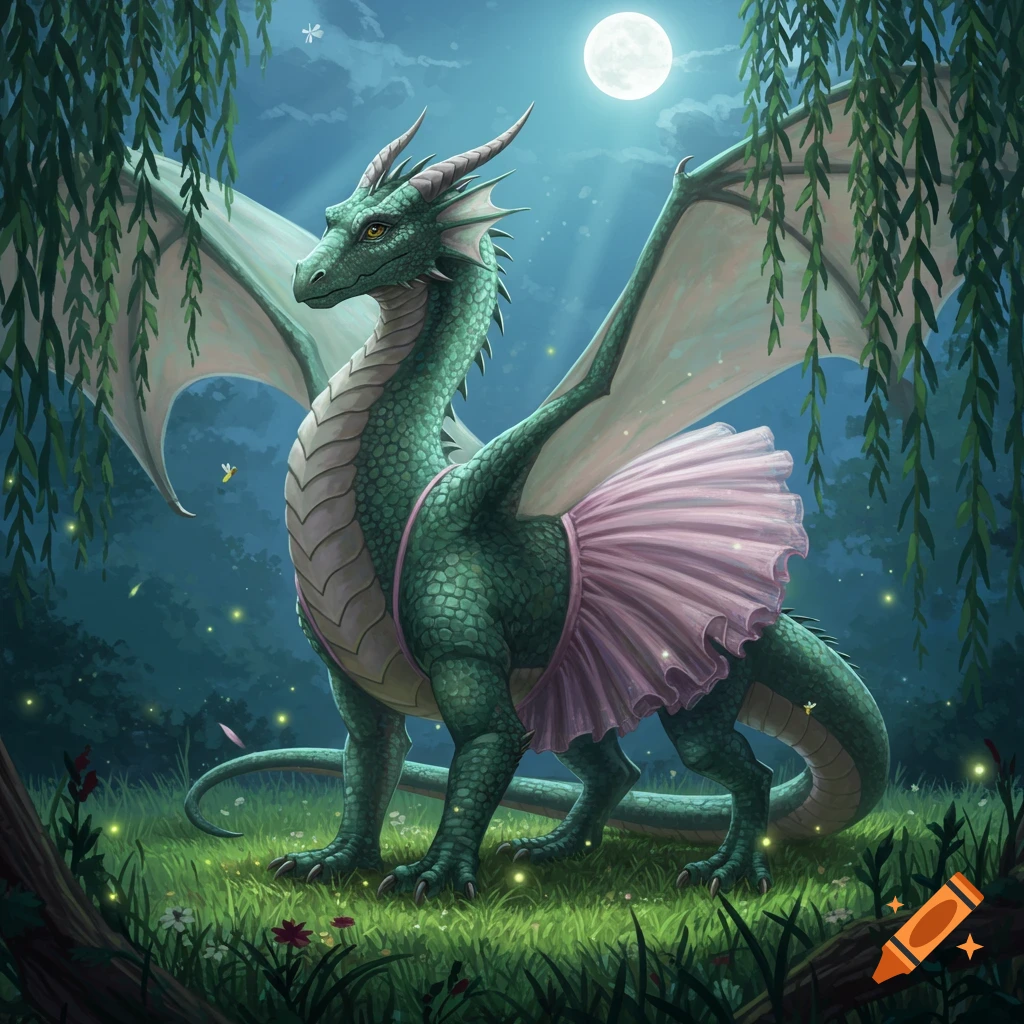 A majestic green dragon with large, translucent wings stands in a moonlit forest glade, wearing a whimsical pink tutu.
