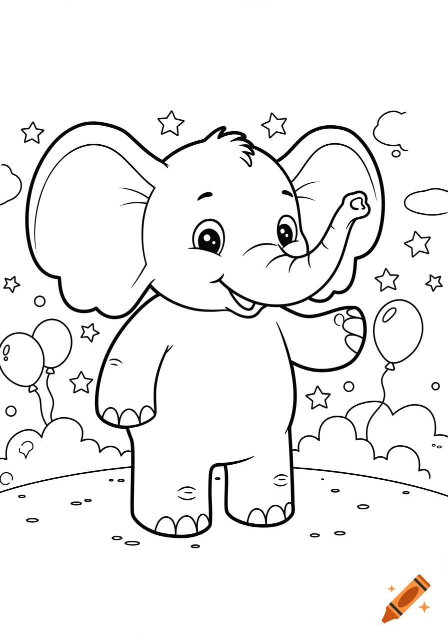 A smiling cartoon elephant coloring page, in black and white line art, surrounded by stars, clouds, and balloons.