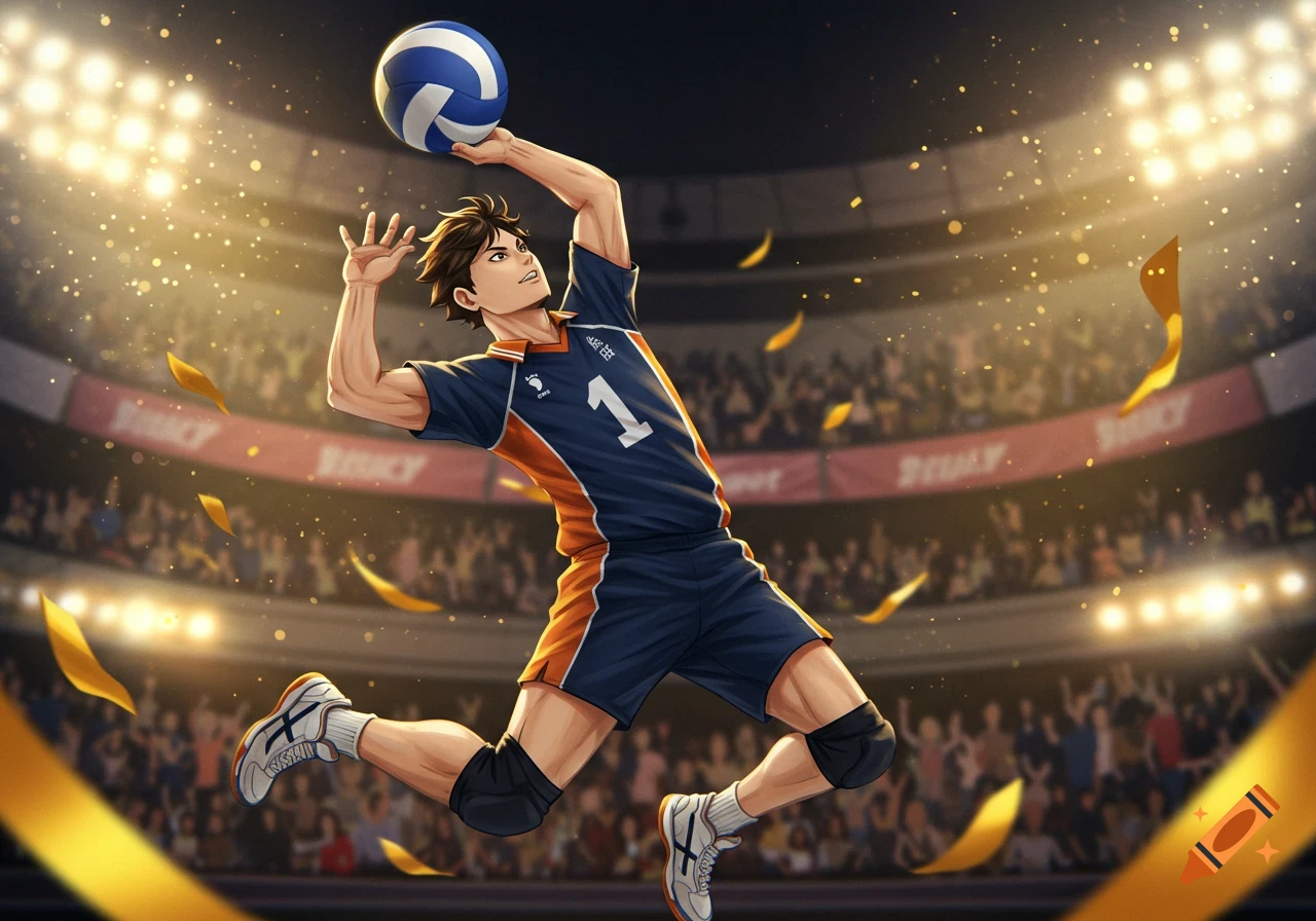 Anime male volleyball player in a blue and orange jersey jumps to spike a ball in a brightly lit stadium.