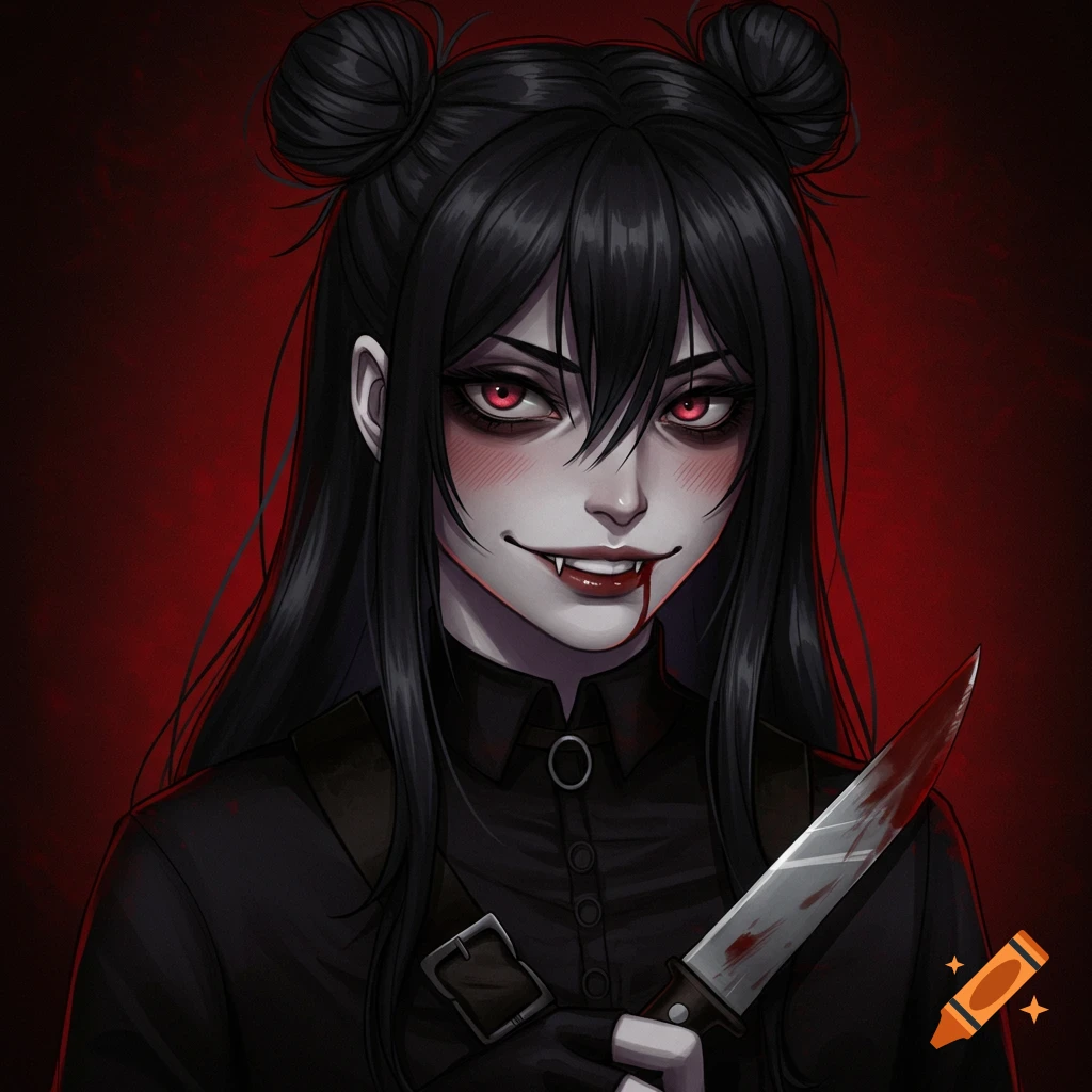 An anime-style girl with black hair in buns, red eyes, fangs, and blood on her mouth, holding a bloody knife against a red background.