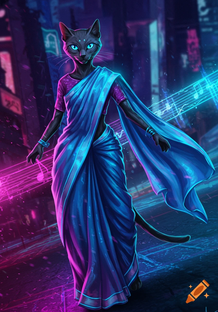 An anthropomorphic black cat with glowing blue eyes, wearing a flowing blue and purple sari, stands in a neon cyberpunk city with glowing musical notes.