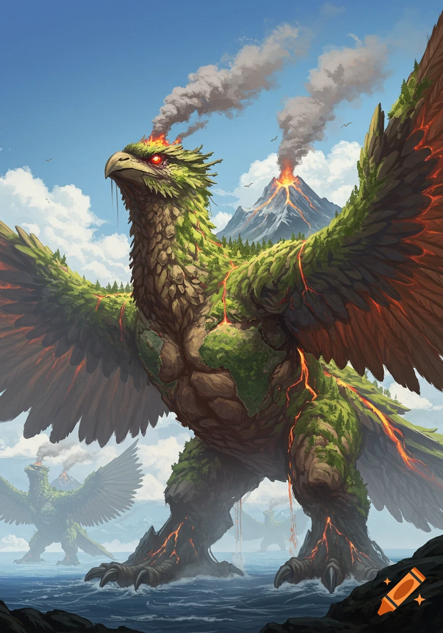 Epic digital painting of giant bird-like landmass creatures with volcanoes erupting on their bodies, standing in a vast ocean.