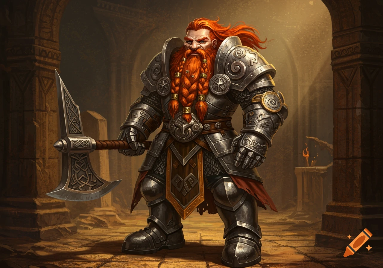 A dwarf cleric in intricate metal armor, with a red braided beard and an axe, stands in a stone hall.