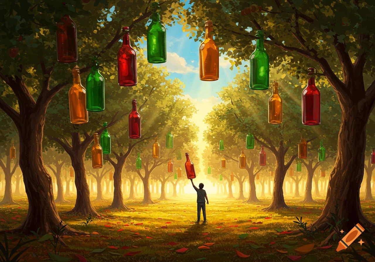 A person stands in a sunlit forest clearing, reaching up to pick a red glass bottle from a tree laden with colorful bottles.