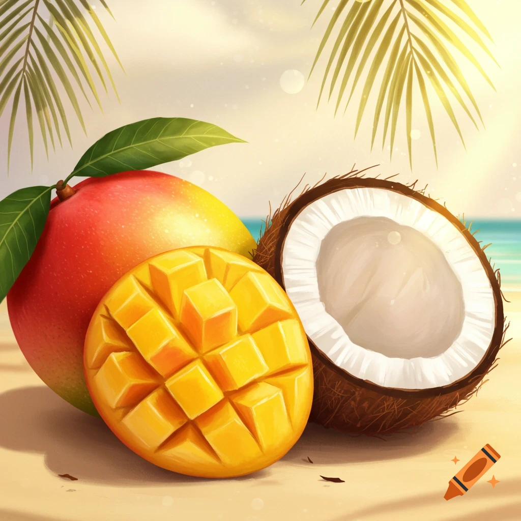 A vibrant illustration of a whole mango, a cut mango, and a cracked coconut on a sunny beach with palm leaves overhead.