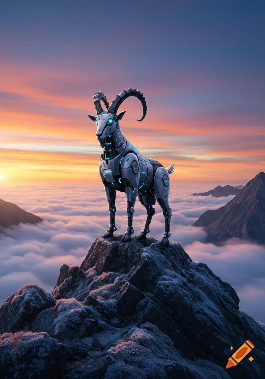 A photorealistic robot goat stands on a rocky mountain peak above clouds at sunrise with a colorful sky.