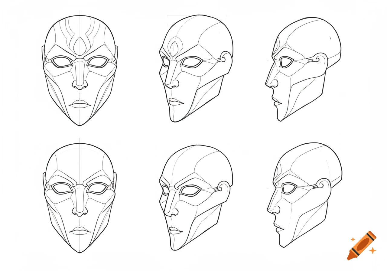 Six black and white line art views of an angular, symmetrical mask in a model sheet style.