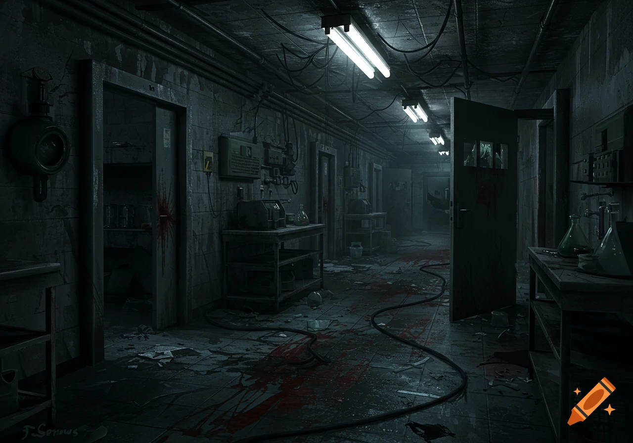 A dark, decaying abandoned underground laboratory hallway with flickering lights, broken equipment, and bloodstains on the floor.