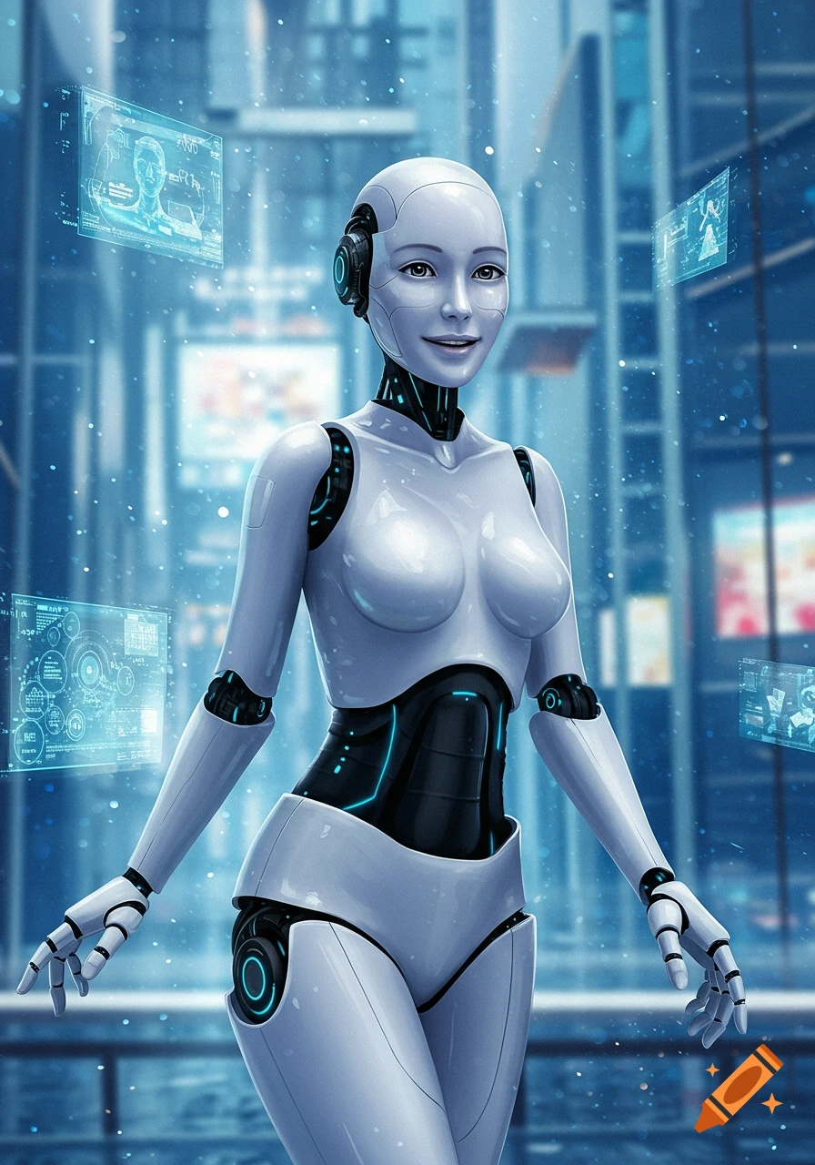 A smiling, futuristic female humanoid robot in a bright environment with glowing holographic displays.
