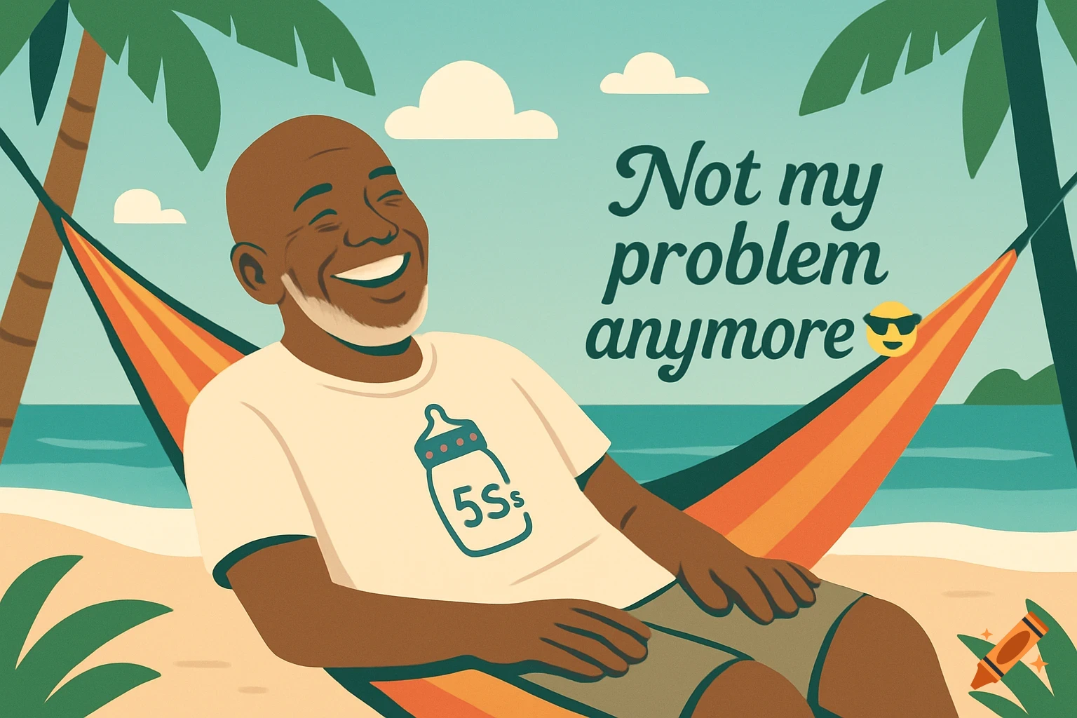 A happy, bald Black man with a white beard laughs while relaxing in a hammock on a beach. He wears a t-shirt with a baby bottle labeled "5Ss." Text in the sky reads "Not my problem anymore 😎" in a stylized, illustrative art style.