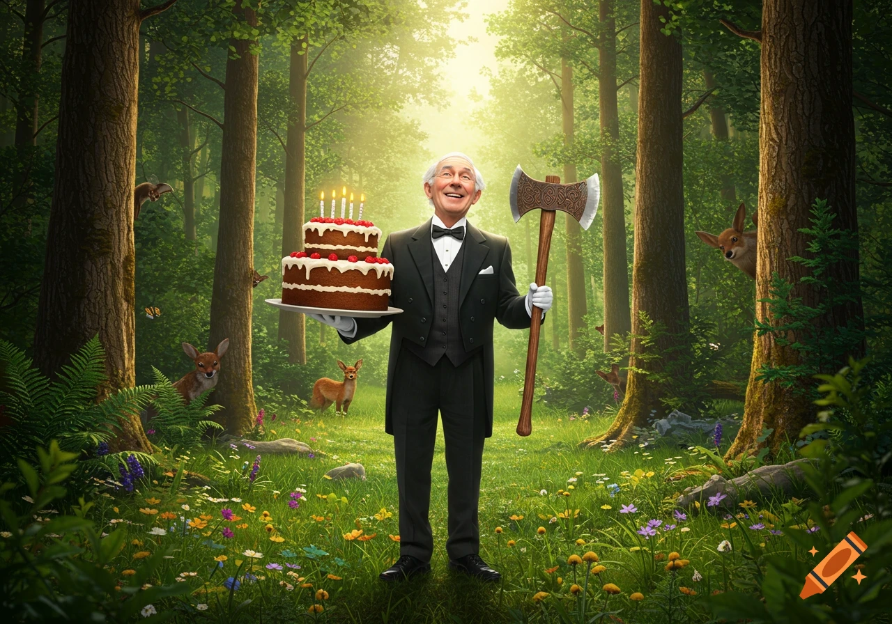 A happy old butler in a tuxedo holds a lit birthday cake and an axe in a sunlit forest with woodland animals.