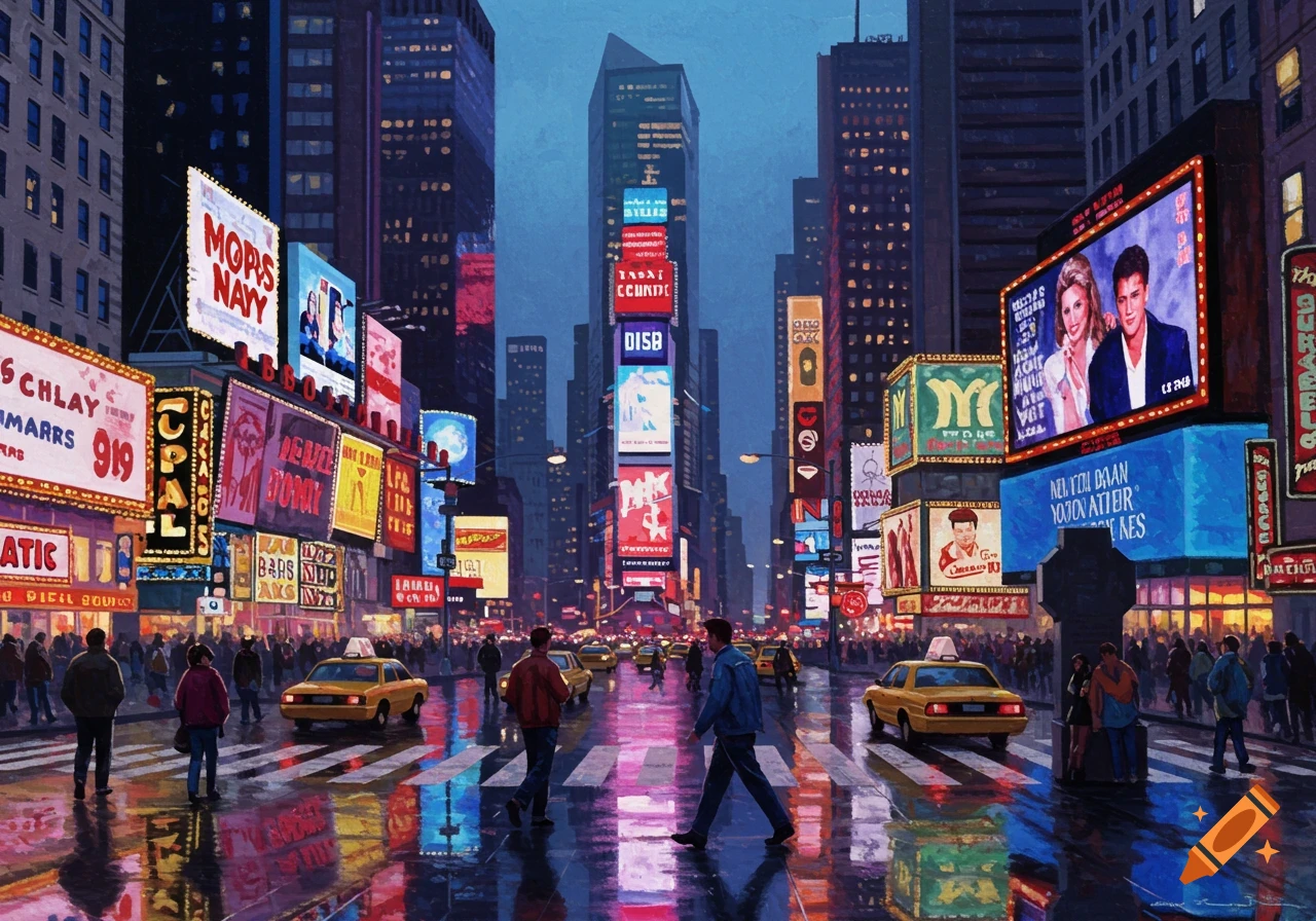A painterly view of a bustling Times Square at night, with yellow cabs and pedestrians on a wet street reflecting colorful neon signs on tall buildings.