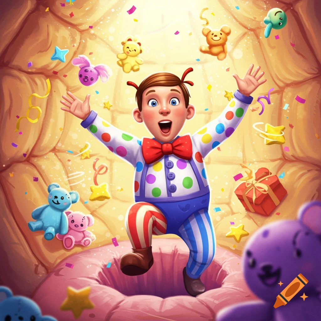 A cheerful cartoon character in a polka dot shirt and striped pants jumps into a pink hole, surrounded by confetti and floating stuffed animals.