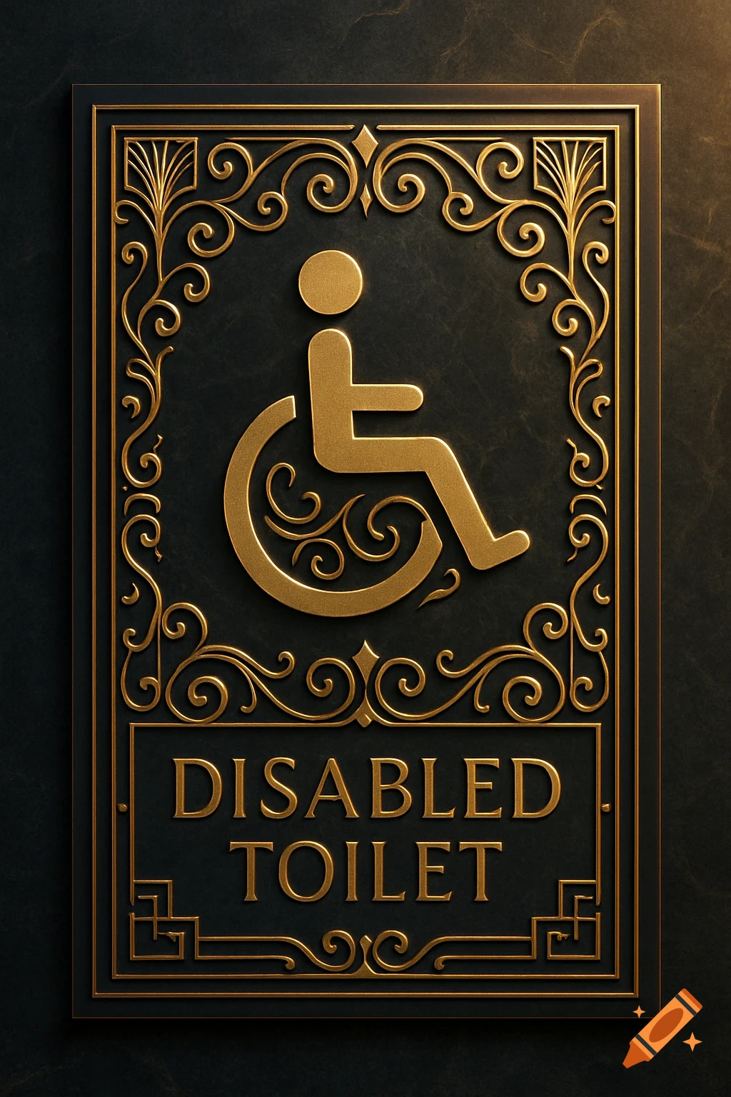 Ornate gold and dark gray sign for a disabled toilet, with wheelchair symbol and 'DISABLED TOILET' text.