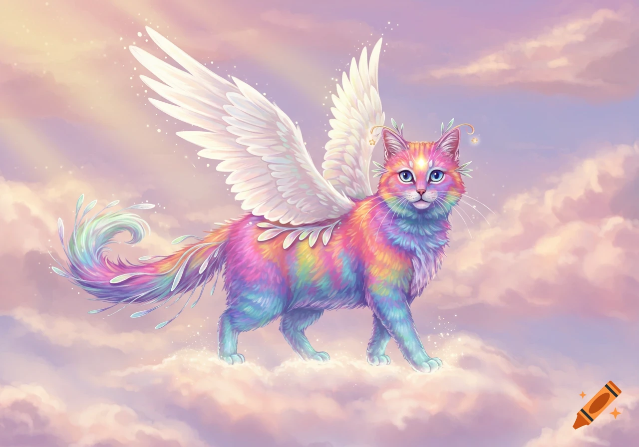 A vibrant rainbow-colored fantasy cat with white angel wings walks on fluffy clouds in a dreamy, magical style.