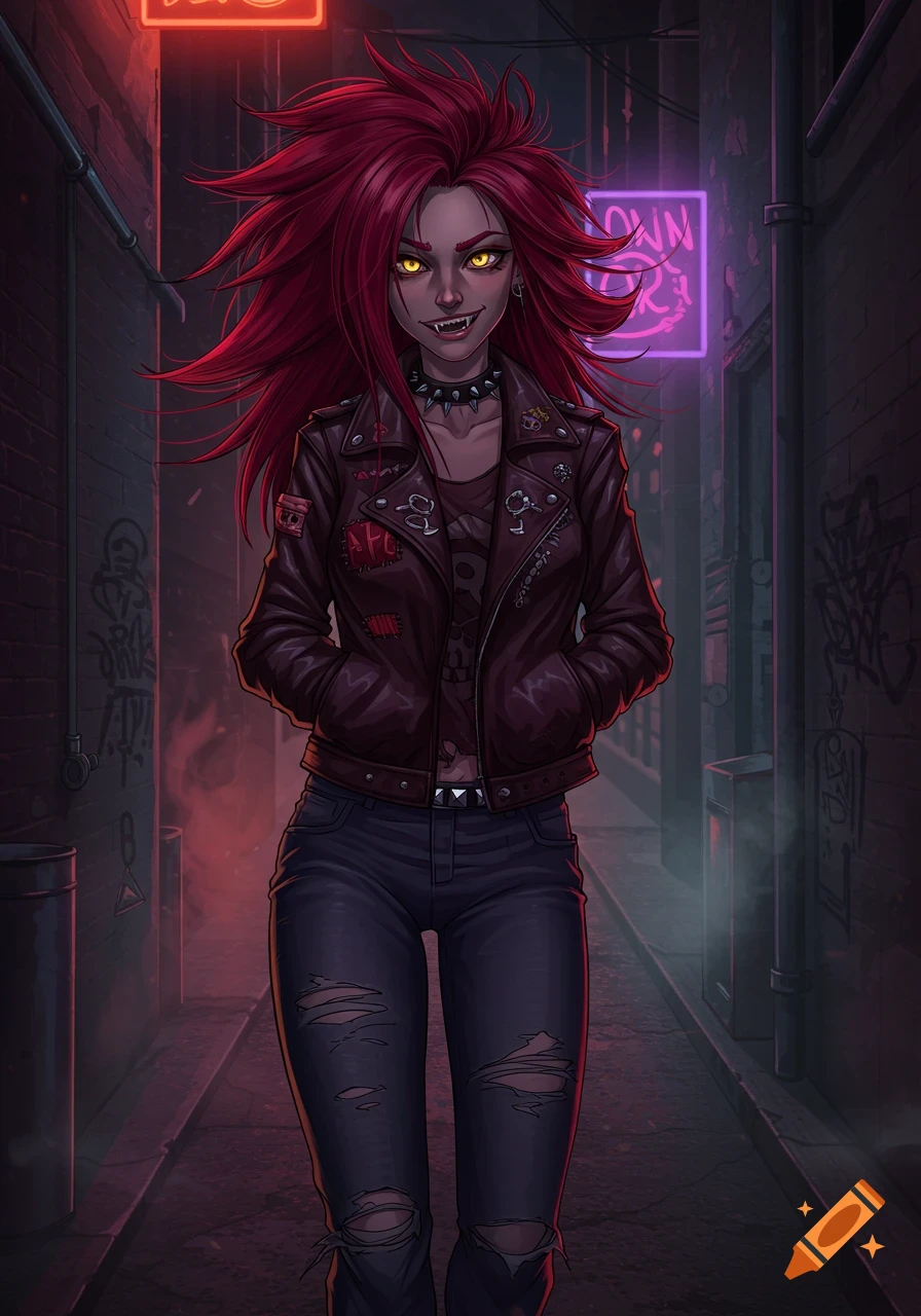 A red-haired punk rock woman with glowing yellow eyes and fangs, wearing a leather jacket and ripped jeans, stands in a dark alley with neon signs.