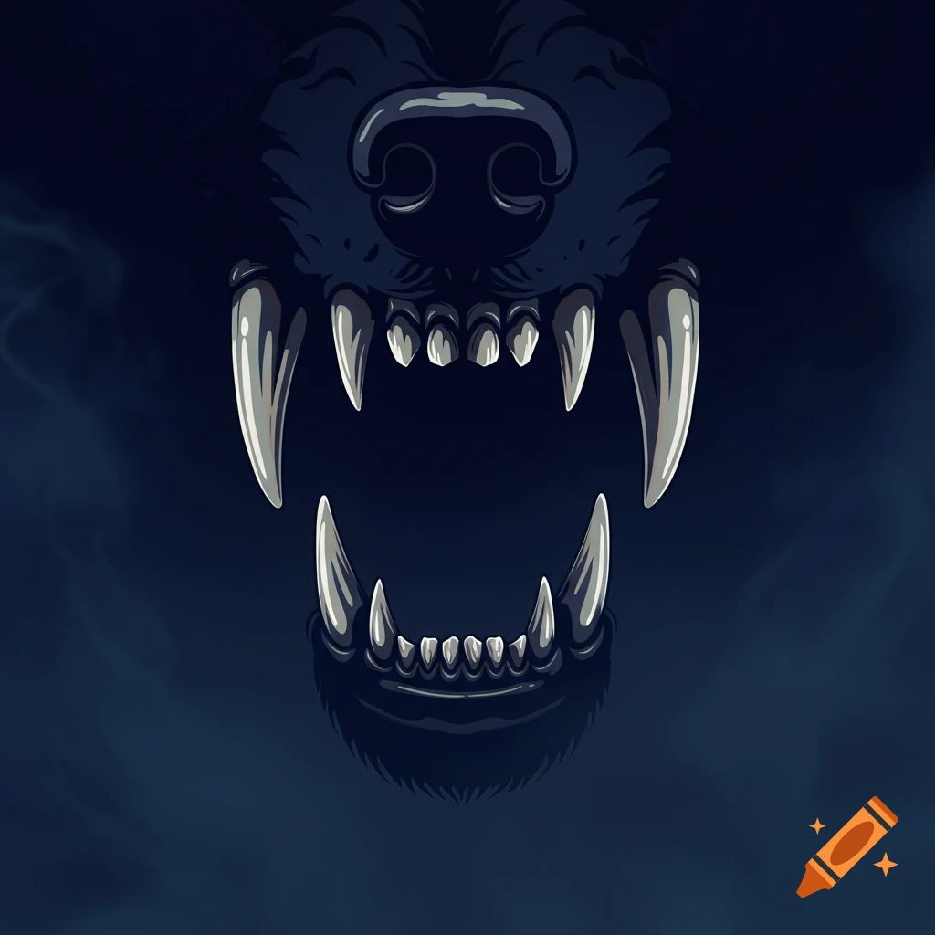Close-up stylized illustration of a dark wolf's snarling snout with prominent fangs and teeth against a smoky blue background.