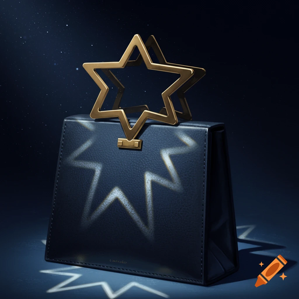 A dark blue handbag with a golden star handle under a spotlight, casting star shadows.