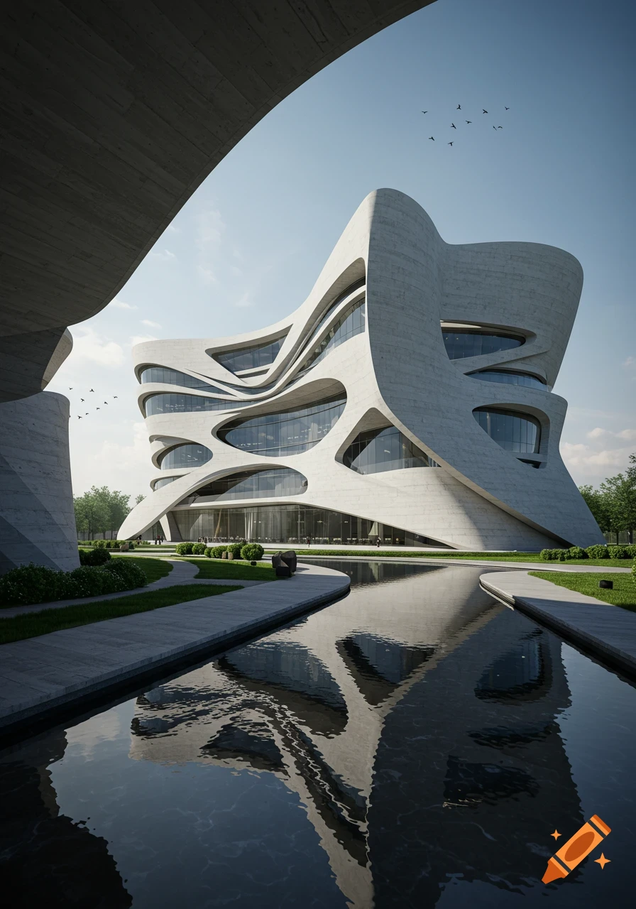 A photorealistic image of a futuristic, wavy concrete building with large windows reflecting in a pool of water.