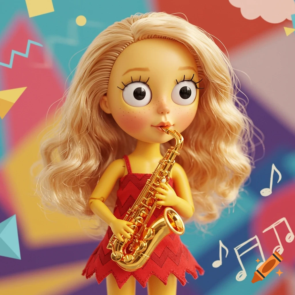A blonde doll in a red dress plays a golden saxophone with musical notes floating around, in a bright cartoon style.