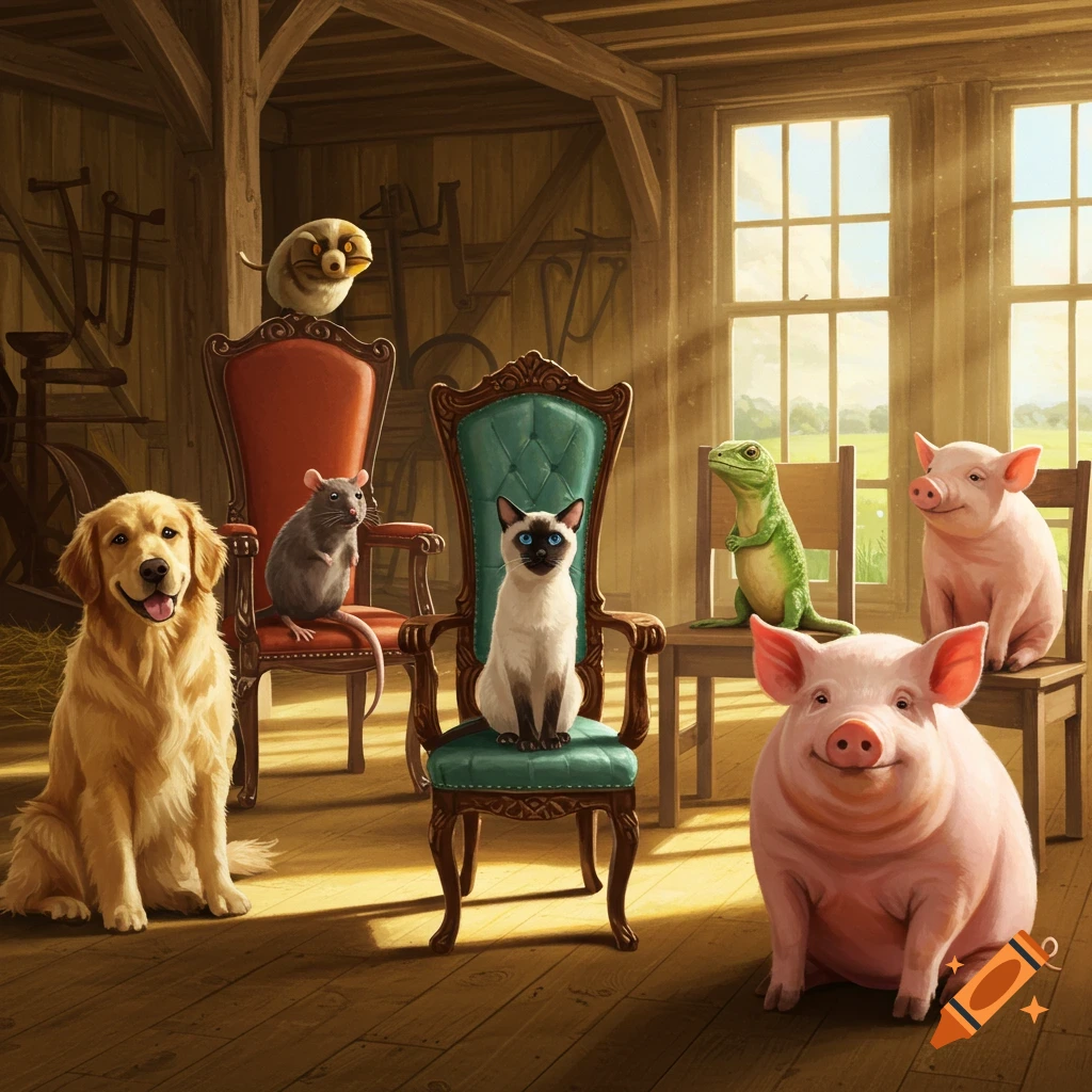 A golden retriever, a rat, a Siamese cat, a lizard, and two pigs sit among wooden chairs in a sunlit barn.