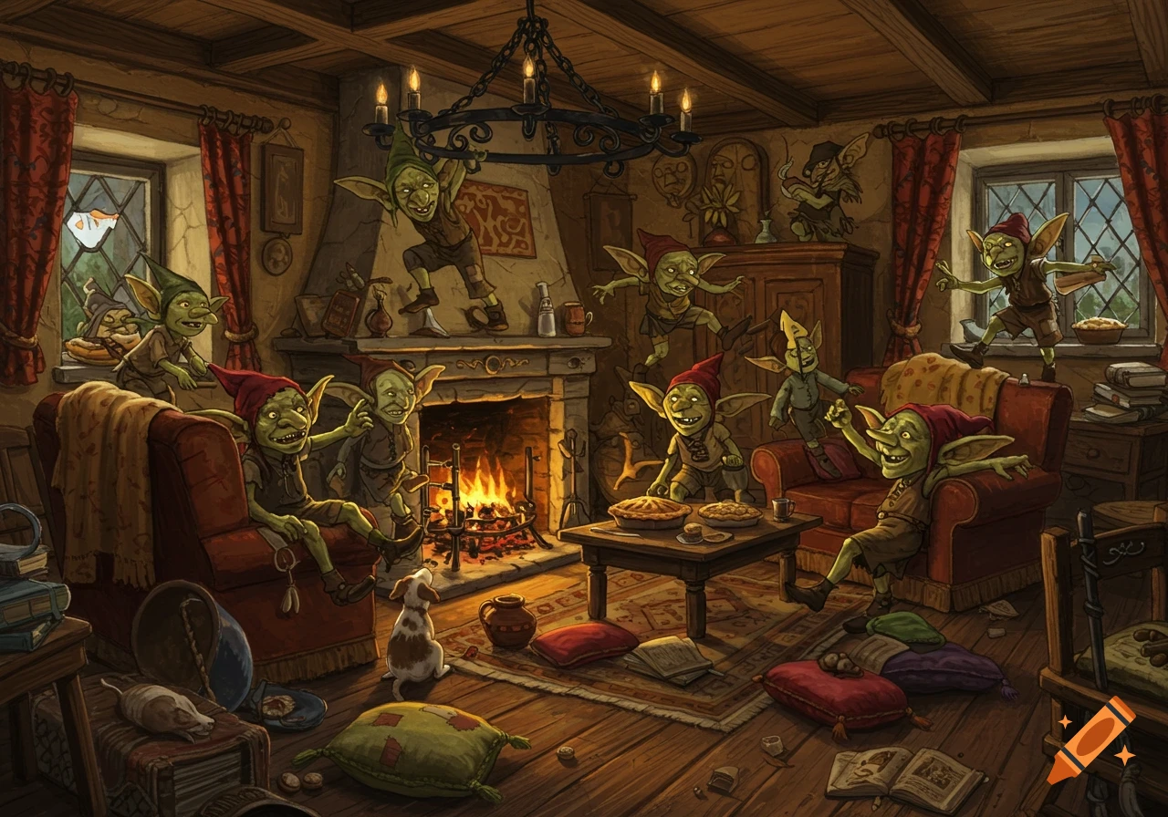 A detailed fantasy illustration shows many mischievous goblins running and playing in a cluttered, cozy house with a lit fireplace.