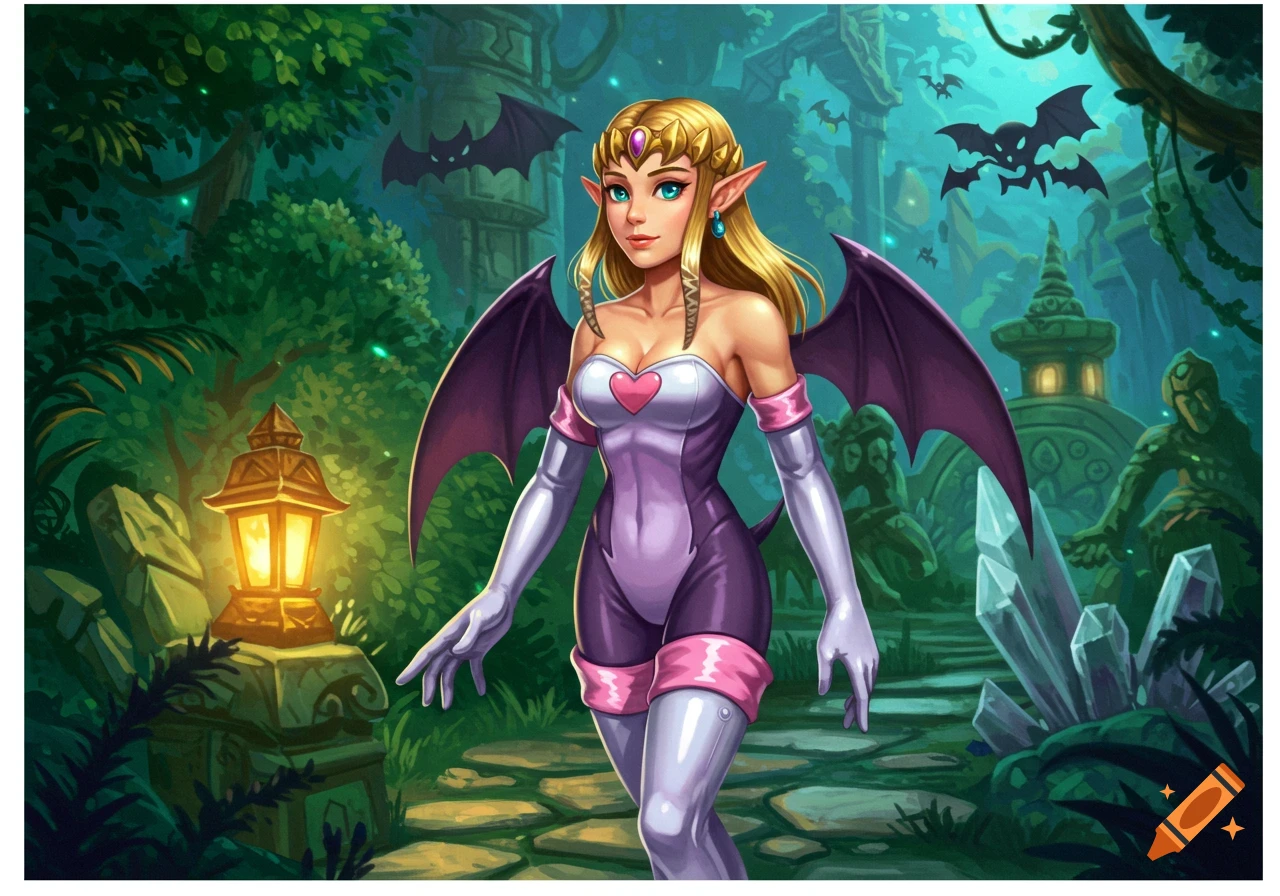Stylized fantasy art of an elf-like woman with blonde hair, bat wings, and a purple and white bodysuit, in an enchanted forest.