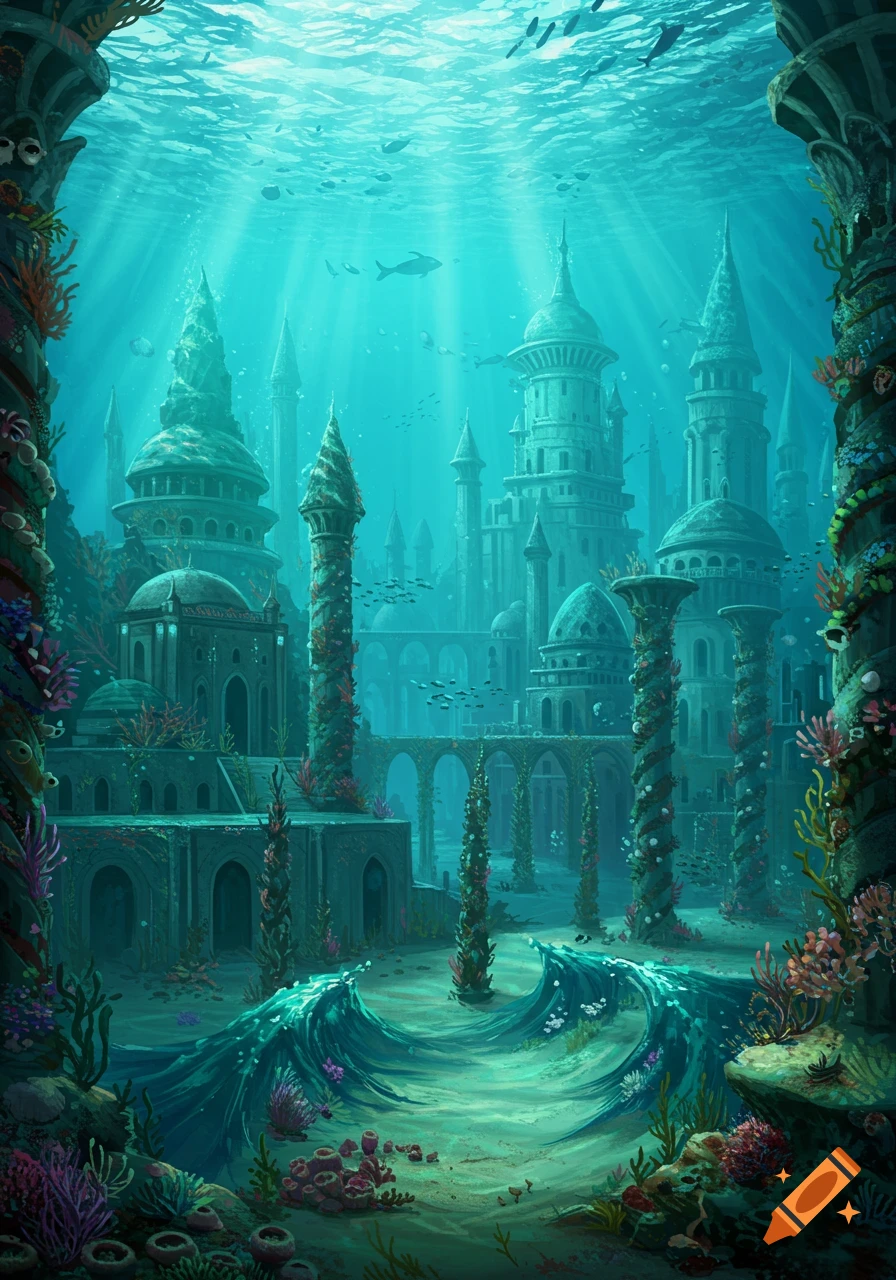 An ornate fantasy underwater city with spires, domes, and arches, bathed in sunlit turquoise water, with schools of fish and vibrant coral.
