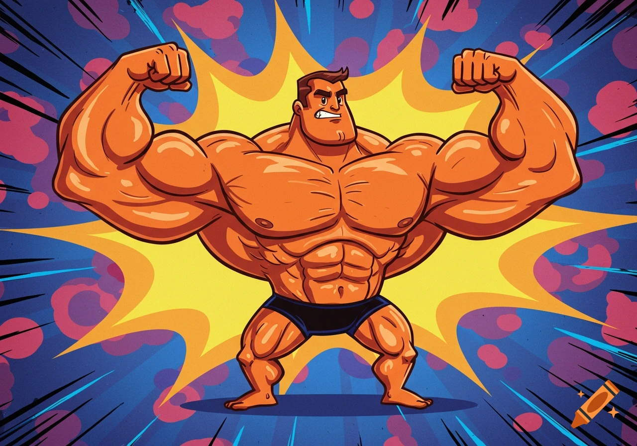 A muscular, orange-skinned cartoon bodybuilder flexing his biceps in black briefs against a yellow starburst and blue comic book background.