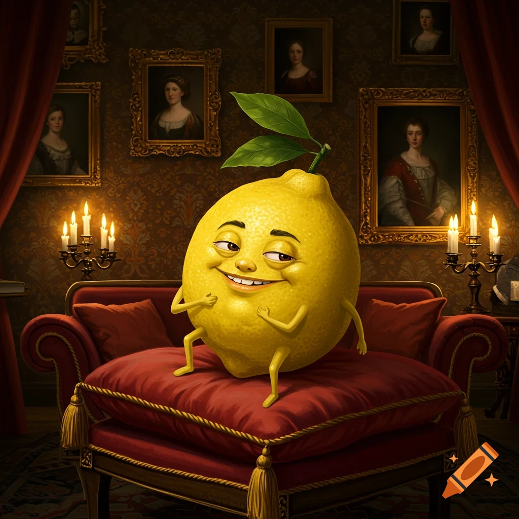 A smiling anthropomorphic lemon with leaves sits on a red velvet couch in a fancy room with portraits and candelabras, detailed style.