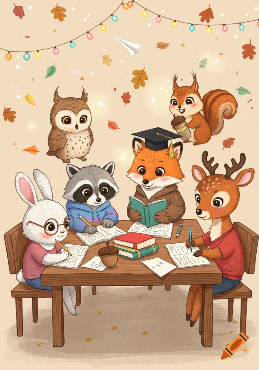 Six cute cartoon animals, including a rabbit, raccoon, fox, and deer, sit at a table studying. Whimsical illustration.