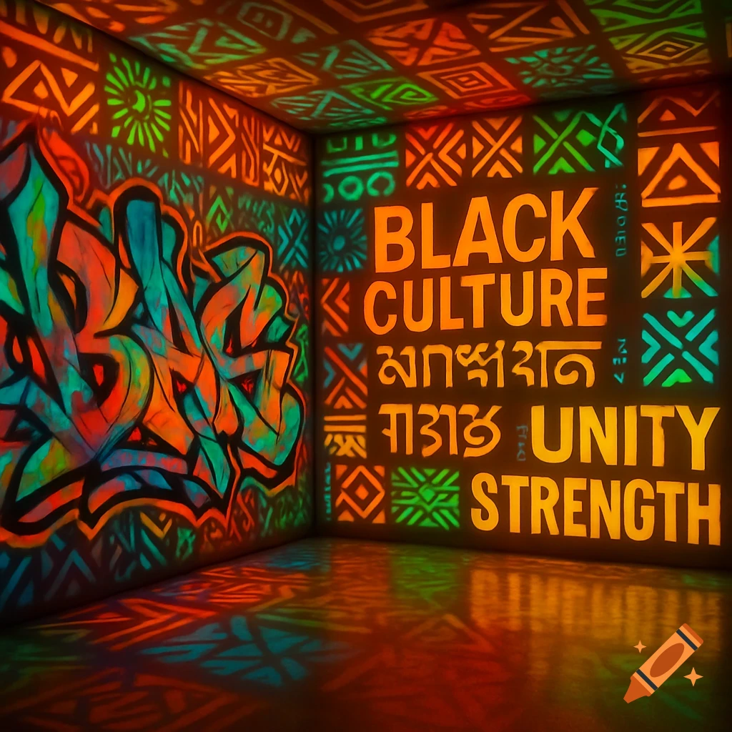 Vibrant room with glowing patterns, graffiti art, and text 'BLACK CULTURE UNITY STRENGTH' on the walls and floor.