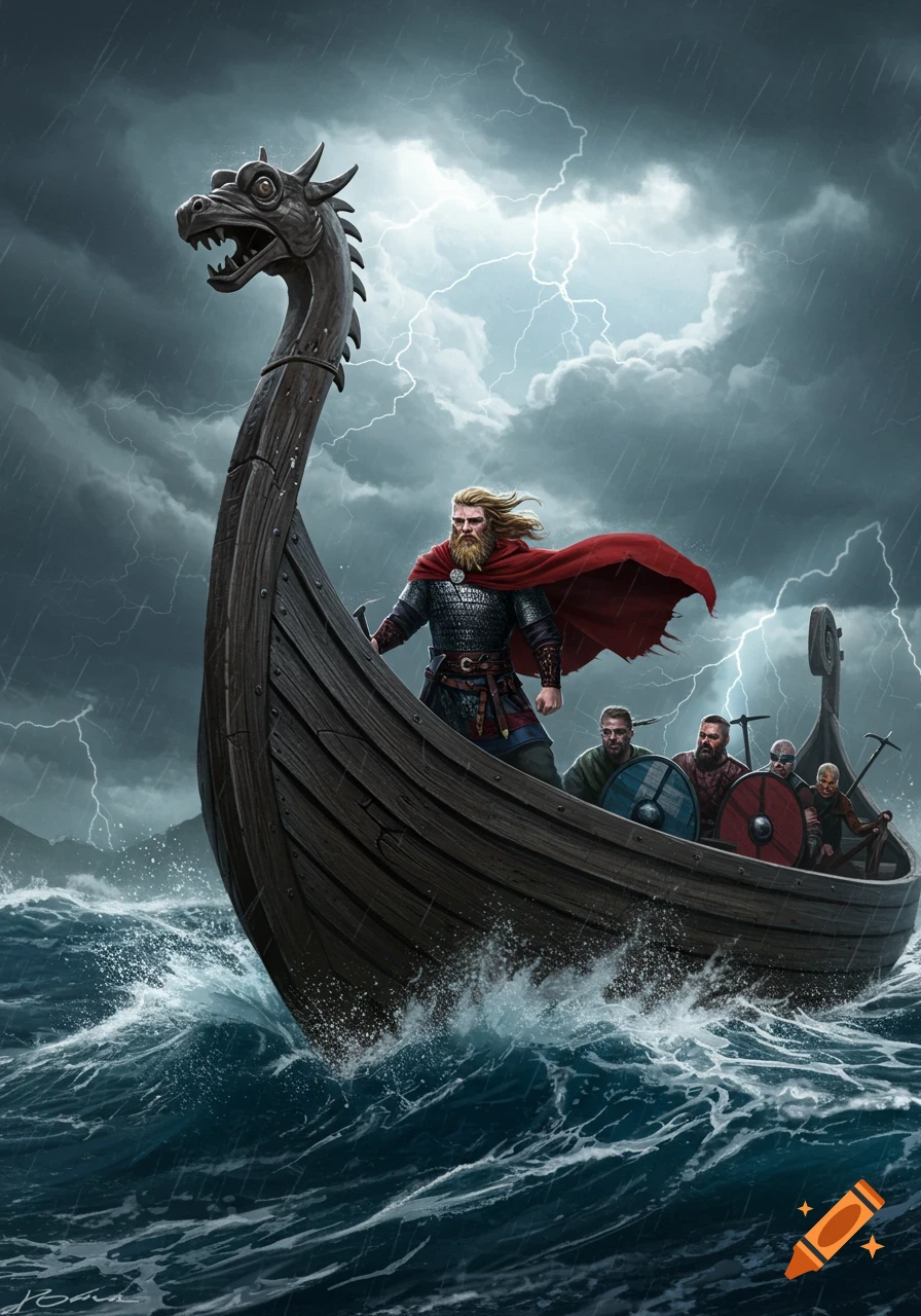 Illustrated Vikings in a longboat battling a stormy sea with lightning and rain.