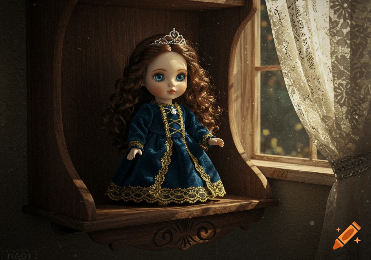 A doll with brown curls, blue eyes, a tiara, and a blue and gold dress sits on a wooden shelf by a sunlit window.