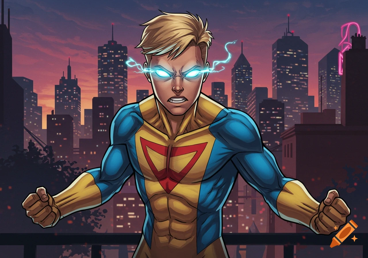 A determined blonde superhero with glowing blue eyes and lightning, wearing a blue and gold suit with a red symbol, stands against a city skyline at sunset in a comic book style.