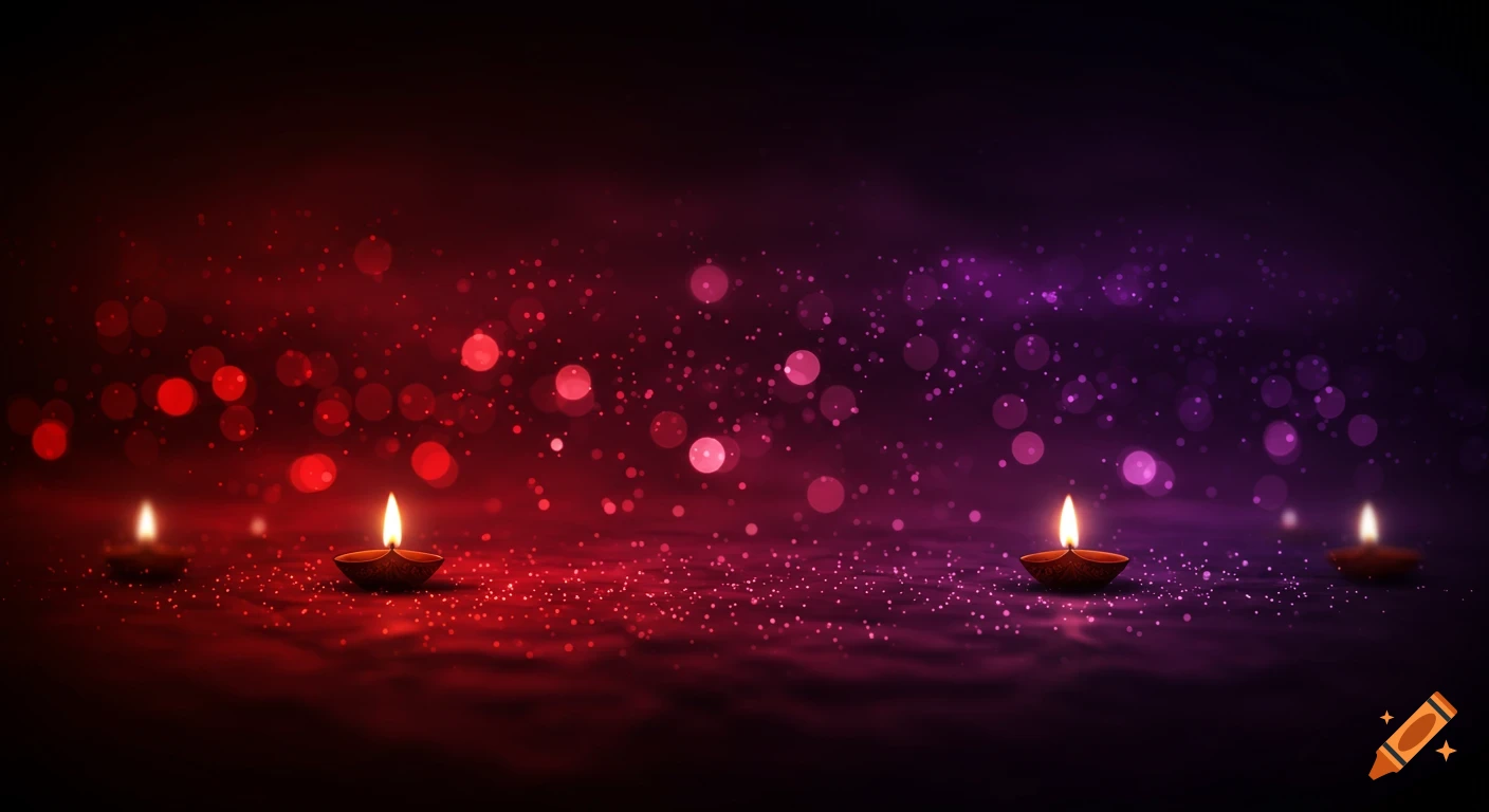 Four lit diya lamps on a dark background with red and purple bokeh lights and sparkles, creating a festive atmosphere.