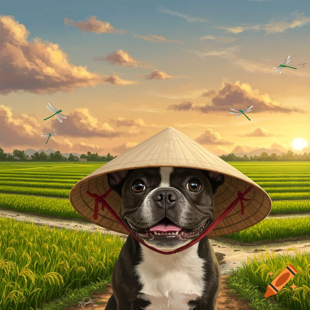 Digital painting of a smiling French Bulldog wearing a conical hat in a vibrant green rice field at sunset with dragonflies.