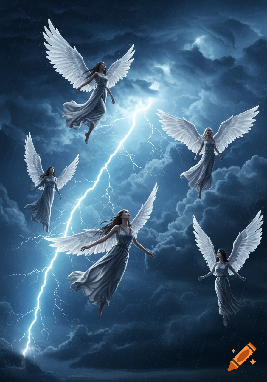 Five female angels with white wings fly through a dark, stormy night sky illuminated by bright lightning.