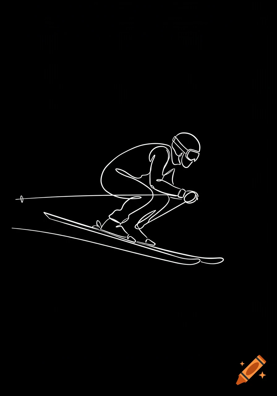 Minimalist white line art drawing of a skier in a tuck position on a black background.