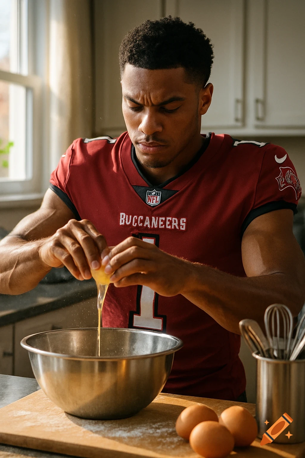 A man in a red Tampa Bay Buccaneers jersey intently cracks an egg into a metal bowl on a wooden cutting board in a sunlit kitchen.