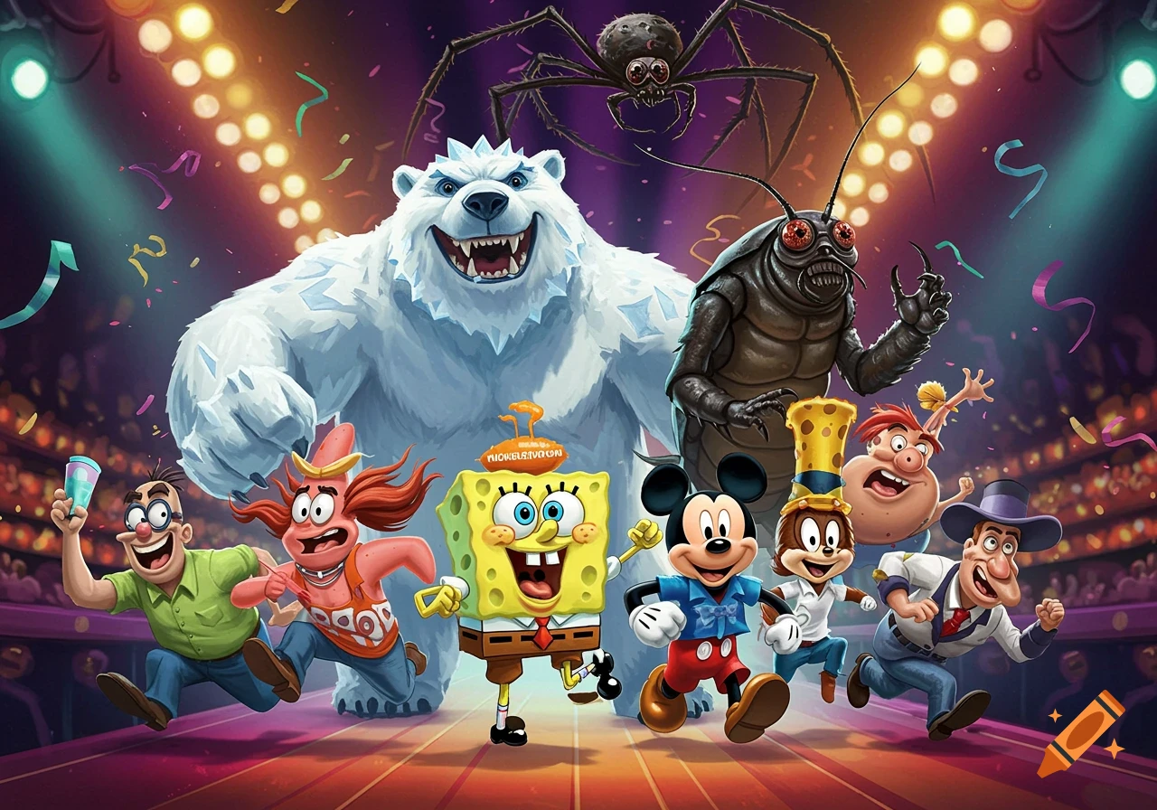 Cartoon characters and monsters, including SpongeBob, Mickey Mouse, Patrick Star, a polar bear, cockroach, and spider, run on a stage under spotlights with confetti.