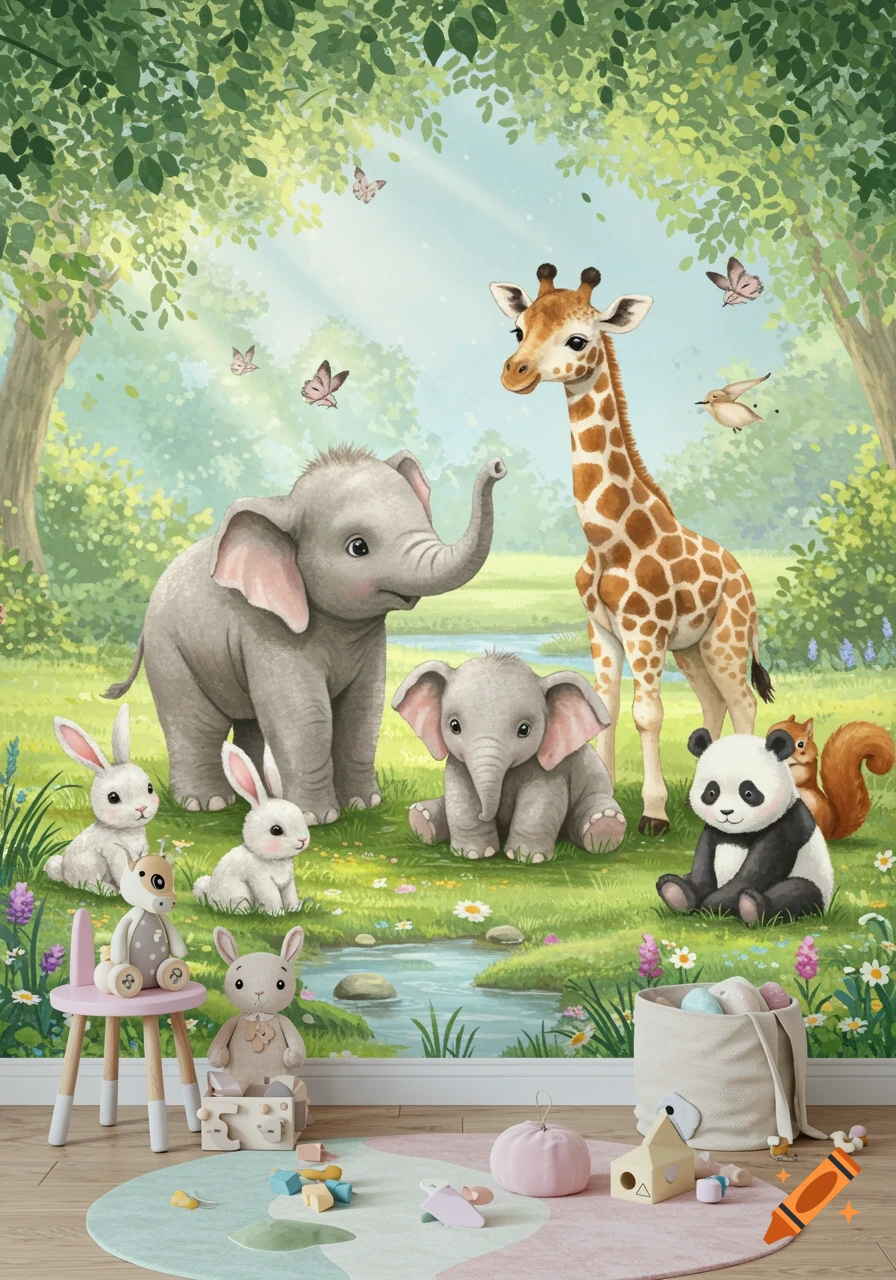 Cute cartoon jungle animals including elephants, a giraffe, rabbits, a panda, and a squirrel in a sunny forest with toys.