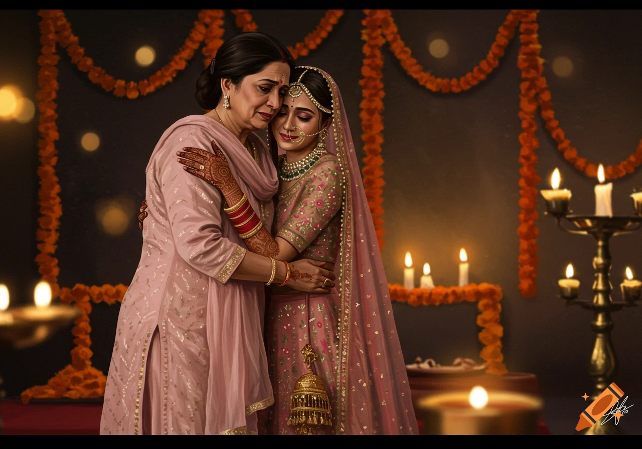 A mother and daughter in traditional Indian wedding attire with mehndi share a tearful embrace amidst candlelight and festive garlands in a painterly style.