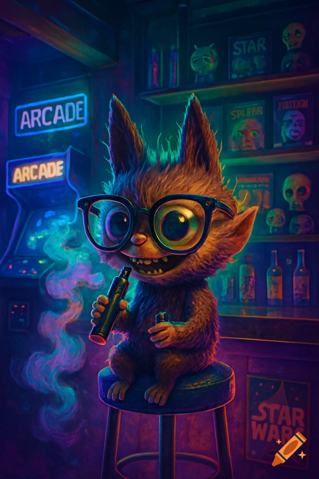 A furry, big-eyed cartoon creature wearing glasses vapes in a neon-lit arcade bar.